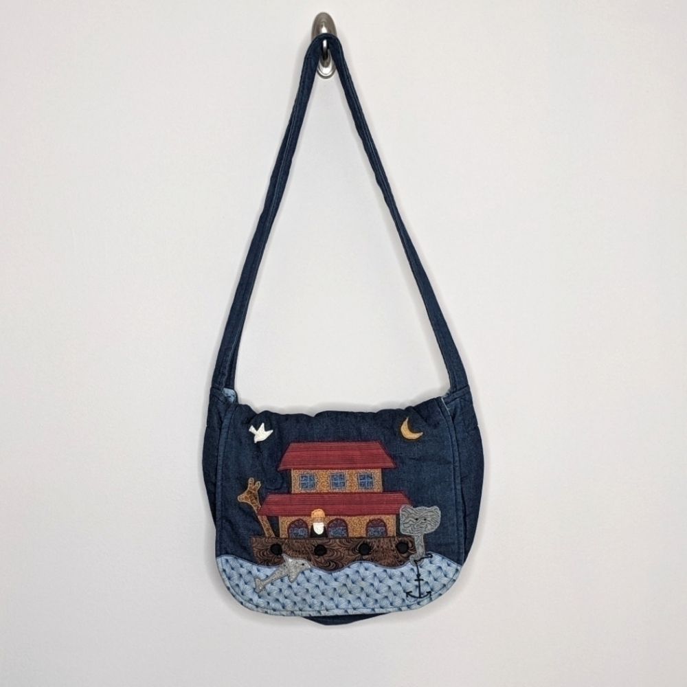 Vintage Calico Collectibles Noah's Arc Denim Quilted Purse Handbag Church USA